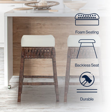 Bali Rustic Bohemian Hyacinth/Wood Backless Counter Stool - JONATHAN Y